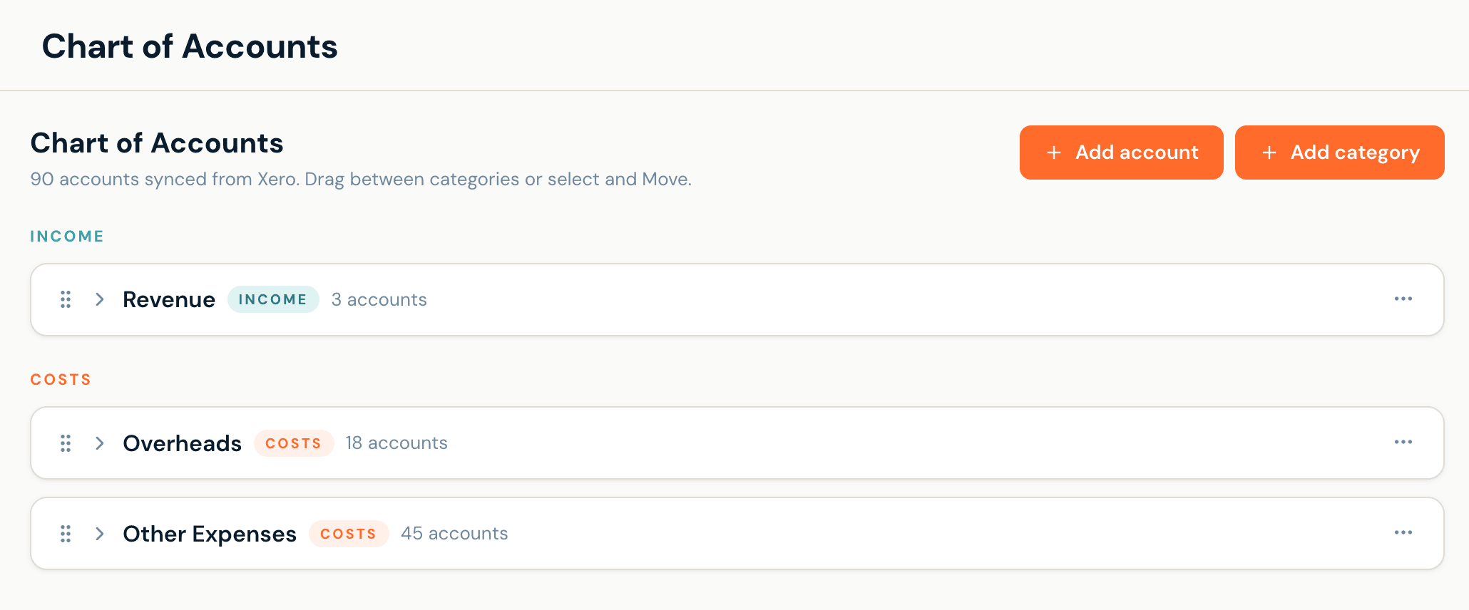 Accuvio Flow Accounts page showing chart of accounts with category mapping