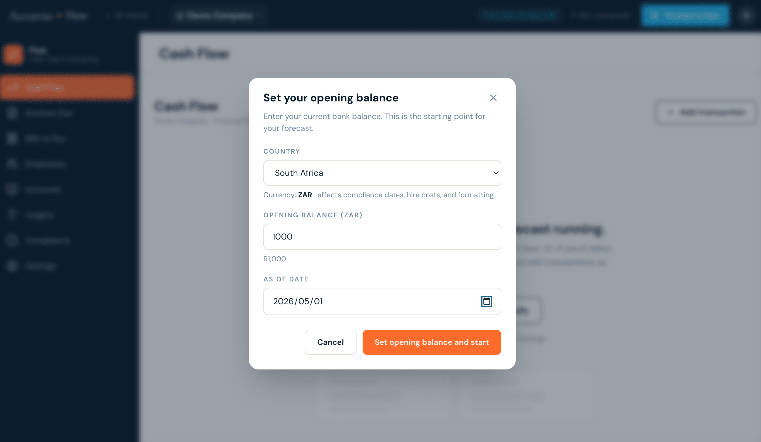 Accuvio Flow manual setup screen showing add accounts and categories interface